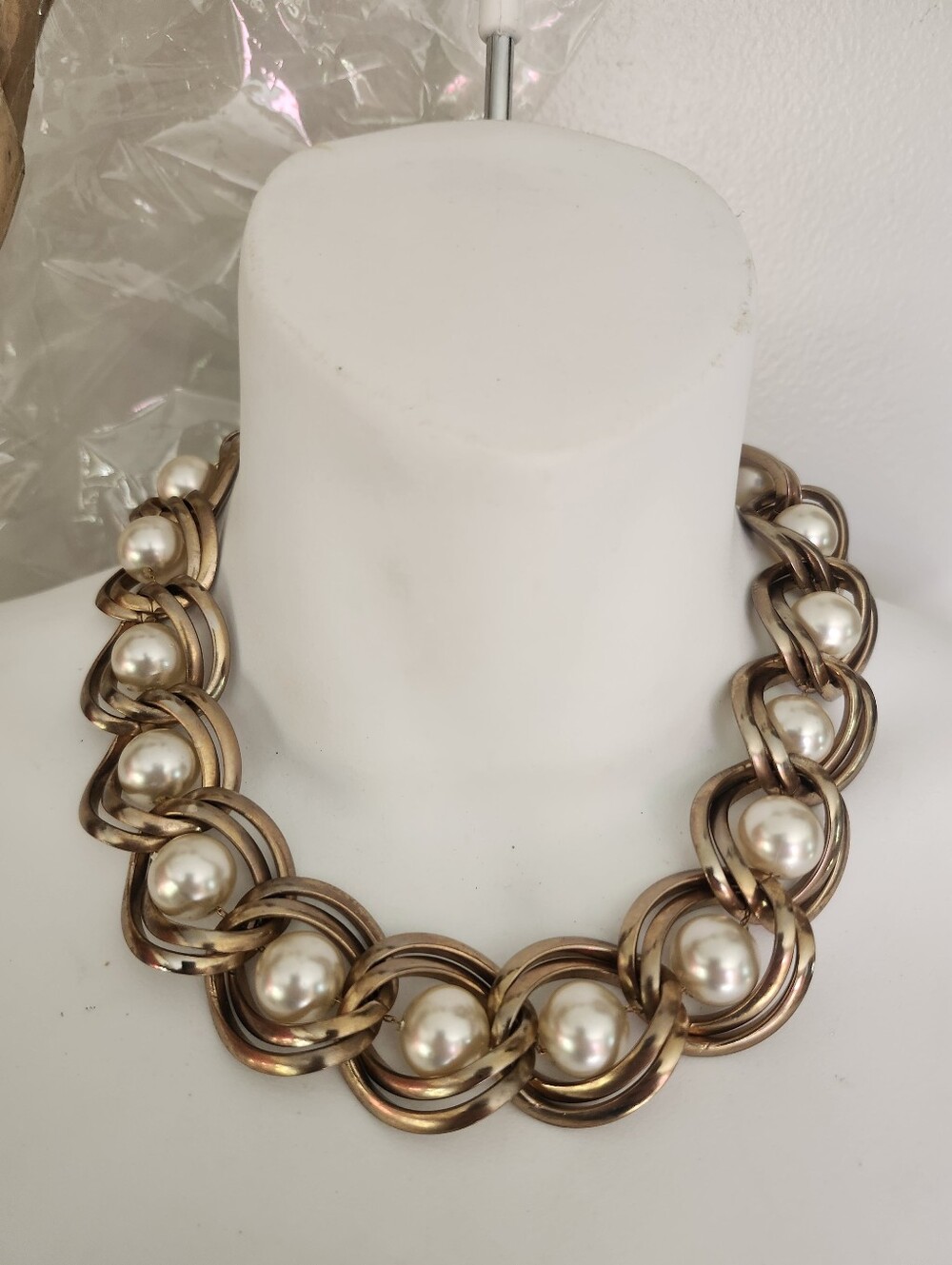 Chunky Gold-Tone Circular Links With Faux White Pearls Statement Necklace